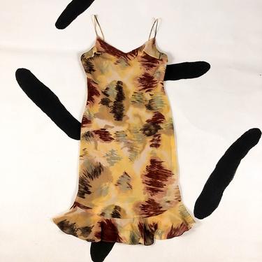 90s Abstract Watercolor Print Fluttery Slip Dress / Yellow / Ochre / Oxblood / Grunge / y2k / Ruffle Hem / Large / Spaghetti Strap / 