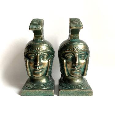 Cool Pair of Vintage Italian Pottery Faux Bronze Roman Centurion Bookends 1960s 