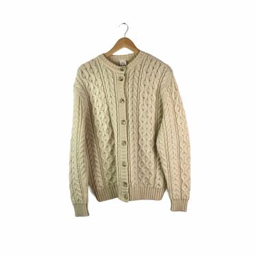 Vintage Irish Fisherman's Aran Wool Cardigan Sweater, Large 