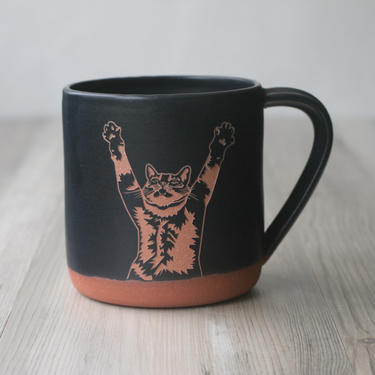 Black Stretching Cat Farmhouse Style Mug - Handmade Pottery Cup 