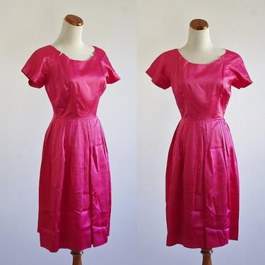 Vintage 60s Formal Dress, 1960s Cocktail Dress, Pink Satin Dress, Short Sleeve Party Dress, Small Medium 