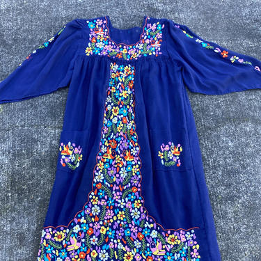 Reserved for Mayu 1970s Hand embroidered navy Mexican maxi dress 
