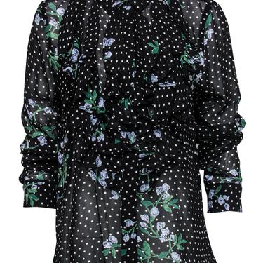 Ganni - Black Floral Print Polka Dot Ruffled Long Sleeve Button-Up Blouse Sz S