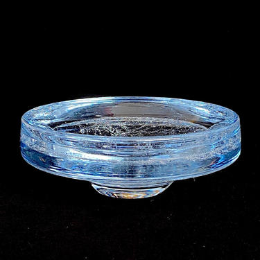 Vintage 1960s 1970s Mid Century Modern Scandinavian? Italian Murano? Clear Blue Art Glass Footed Bowl with Controlled Bubble Design 