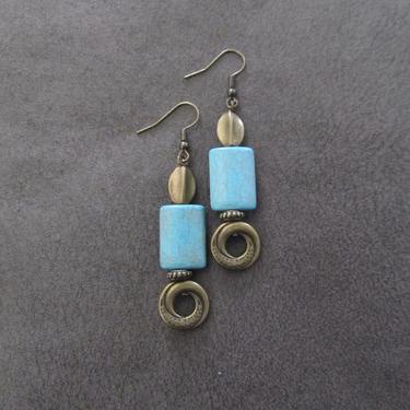 Turquoise earrings, blue howlite tribal earrings, boho earrings, long chic earrings, bohemian earrings, ethnic earrings, rustic brass 