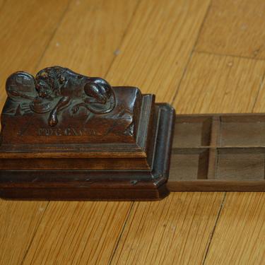 Antique 19th Century Hand Carved Wood MDCCXCII ~ 1792 Lucerne Lion Monument Paris Patina Sculpture Box with Hidden Drawer 
