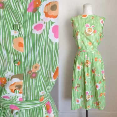 Vintage 1960s Neon Green Floral Dress set / M 