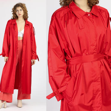 Vintage Paris Sport Club Red Trench Coat - Extra Large | 80s 90s Belted Long Duster Rain Jacket 