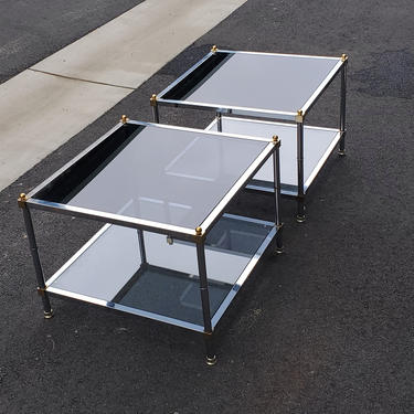 Maison Jansen Mid Century Modern Chrome &amp; Brass End Tables Nightstands Low Profile Smoked Glass Square Pair(2) Geometric Hollywood Regency! 