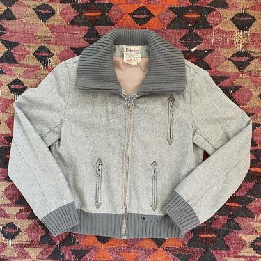 1970s 1980s grey jacket with arrow details and knit collar and cuffs 
