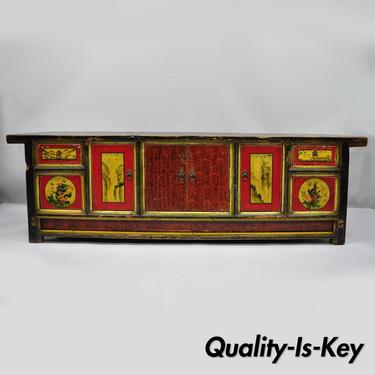Hand Painted Pine Wood Mongolian Coffer Credenza Red Black Green Low Cabinet 72"