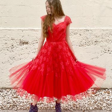 Red 50's Daisy Tulle Prom Dress