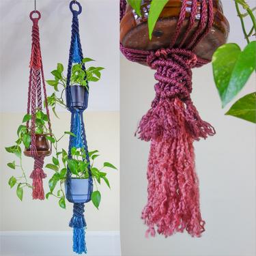 Colorful macrame plant hanger with fringe, large two tier or single indoor hanging planter, your choice unique jewel tones maximalist decor 