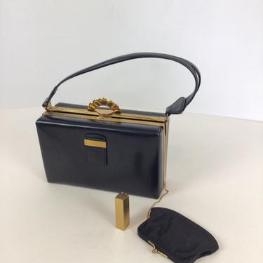 Vintage 40s Purse | Vintage black leather box purse | 1940s Evans  top handle handbag 