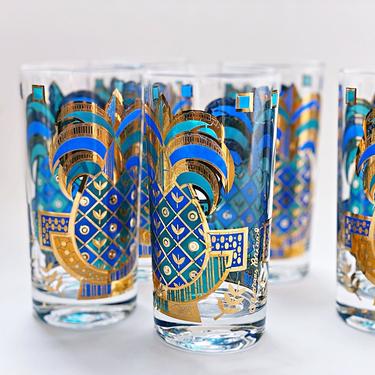 Georges Briard glassware Sets of 2 or 4 Blue Green & gold cocktail glasses Pineapple highball bar tumblers Mid century modern barware 