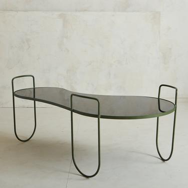 Green Metal &amp; Black Glass Kidney Coffee Table in the style of Jean Royère, France 1970s