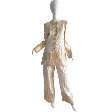 Mary McFadden Couture Pant Set / Brocade Silk Metallic Pantsuit / Vintage Wedding Party Palazzo Embroidered Pant Set Medium 