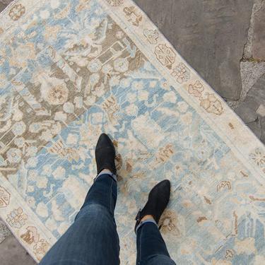Vintage 3’9” x 6’4” Rug Medium Floral Allover Blue Ivory Brown Hand Knotted Floral Wool Low-Pile Rug 1940s - FREE DOMESTIC SHIPPING 