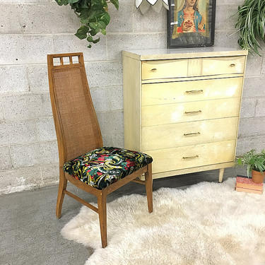 LOCAL PICKUP ONLY Vintage Chair Retro 1960s Brown Wood Frame Dining Chair with Woven Straw High Back + Colorful Velvet Floral Print Seat 