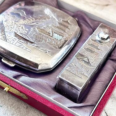 1940s Japan 950 sterling silver compact & lipstick case, gift for her, travel mirror, 1950s Mt Fuji 