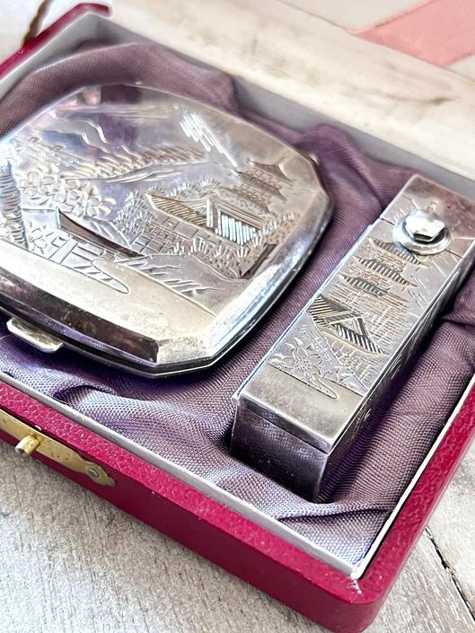 1940s Japan 950 sterling silver compact &amp; lipstick case, gift for her, travel mirror, 1950s Mt Fuji 