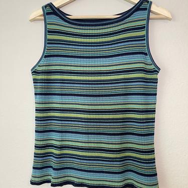 Vintage 1990s tank top sleeveless shirt thin lightweight sweater vest blue stripe pattern stretchy 