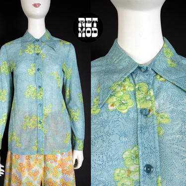 Vintage 60s 70s Blue &amp; Green Abstract Floral Blouse Shirt Top with Large Pointy Collar 