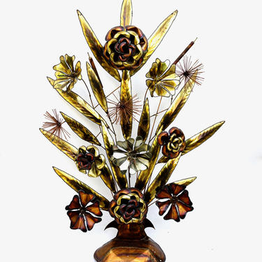Massive Mid-Century Jere Brass &amp; Copper Torch Cut Flower and Leaves Arrangement || Vintage 40&amp;quot; Metal Art Dimensional Decor Display 
