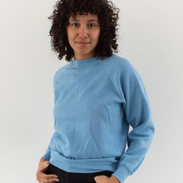 Vintage Light Sky Blue Crew Raglan Sweatshirt | Blank Cozy Fleece Sweat | S | 
