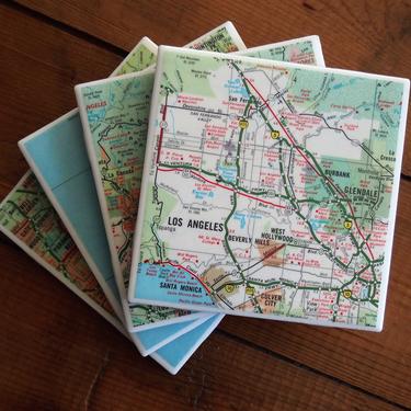 1968 Los Angeles California Vintage Map Coasters Set of 4 - Ceramic Tile - Repurposed 1960s Sinclair Map - Handmade - LA - Hollywood - LAX 
