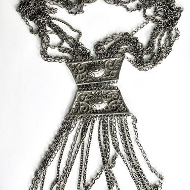 Vintage Etruscan Revival Multi Chain Tassel Necklace Silver Tone 