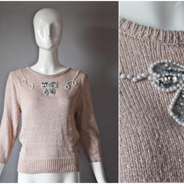 vtg 90s Stepping Stones pink pastel silk + angora mix knit sweater w/ sequin bow detail | 1990s long sleeve pullover | Medium beading pearls 
