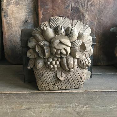 19th C French Architectural Wood Plaques, Handcarved Floral Basket Motif, Furniture, Wall Mount, French Chateau Decor 