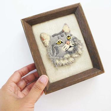 Vintage Embroidered Cat Art - Wood Framed Gray Long Hair Cat Portrait - 70s Kitty Needlepoint Art - Maine Coon - Housewarming Friend Gift 