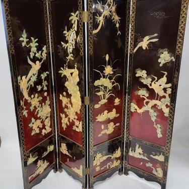 Vintage Chinese Export Four Panel Red & Black Mother of Pearl Coromandel Lacquered Hand Painted Screen Room Divider