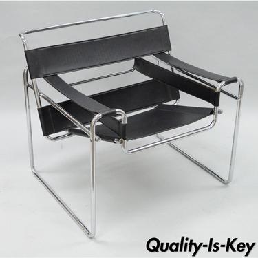 Vtg Wassily Style Chrome Black Leather Lounge Chair Mid Century Modern Breuer