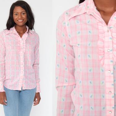 Pearl Snap Shirt 70s Western Plaid Top Baby Pink Checkered Tuxedo Ruffle Shirt 1970s Cotton Vintage Checkered Button Up Small Medium 