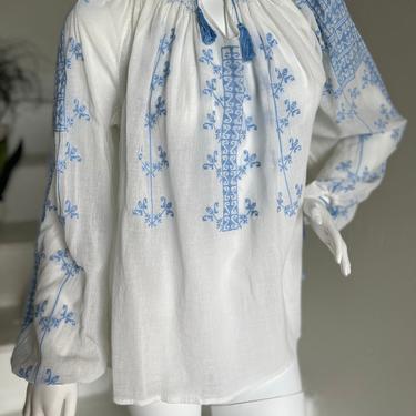 1940s Cotton Gauze Romanian Blouse Embroidery Sky Blue Vintage 40 Bust Vintage 