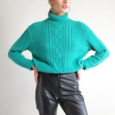 Cotton Cableknit Sweater, Vintage 90s Chunky Knit Jumper, Faded Oversized Turtleneck, Soft Warm Turquoise Geen Blue Simple Minimal Classic 