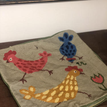 Vintage Retro MCM Bird Animal Floral Hand Embroidered Chicken Zipper Pillowcase Mid Century Modern 