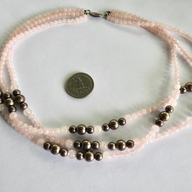 Triple Strand Rose Quartz Silver Bead Necklace 