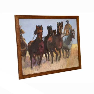 Framed and Signed Vintage Horse Painting by Don Gaman Western Theme Boho Retro Mid Century Modern Deco Cowboys Scenic Field Sky Blue Brown 