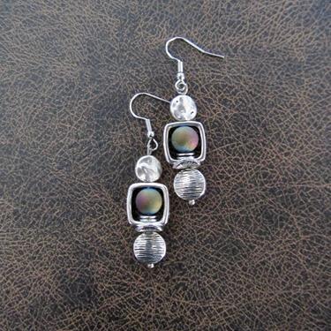 Industrial earrings, rainbow druzy agate and silver minimalist earrings, mid century modern earrings, unique Art Deco earrings, geometric 
