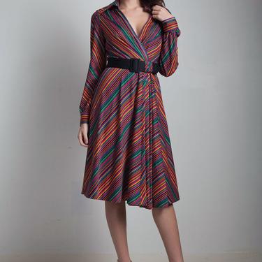 vintage 80s Chevron striped wrap dress colorful pleated belted shirt dress long sleeves pointy collar MEDIUM M 