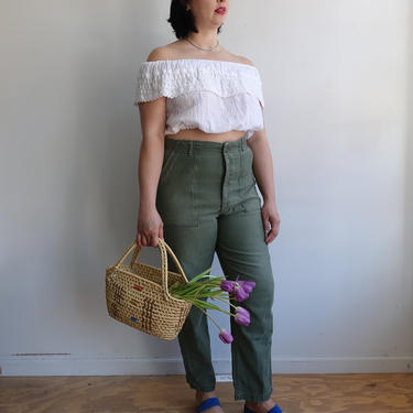 Vintage 70s Green Army Trousers/ 1960s 1970s Button Fly Cotton Sateen High Waisted Pants/ OG 107 Uniform/ Size 36 