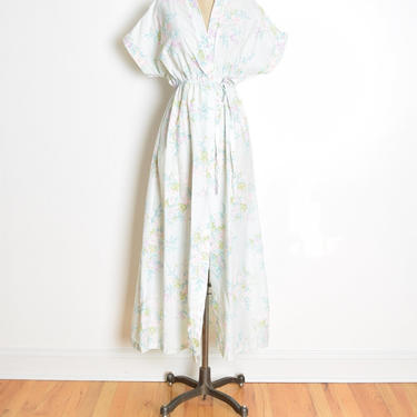 vintage 70s kimono duster jacket blue floral print hippie robe wrap dress S M clothing 