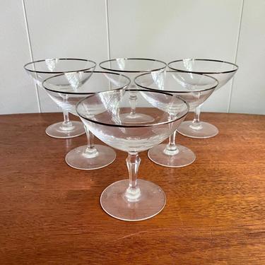 Set of 6- Vintage Champagne Cocktail Coupe Glasses; Dorothy Thorpe Mad Men Silver Rim Pattern, MCM Retro Barware 