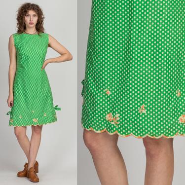 60s Tutti Fruitti Green Polka Dot Dress - Medium | Vintage Boho A Line Shift Sleeveless Mini Day Dress 