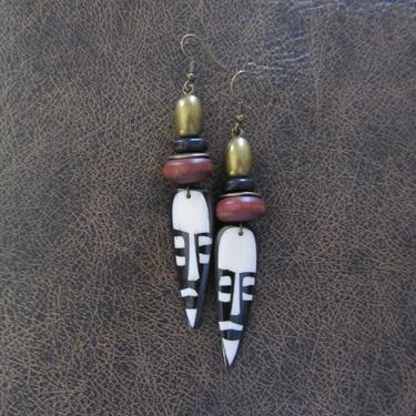 African mask earrings, bone and bronze dangle earrings, horn earrings, Afrocentric ethnic earrings, unique primitive earrings, batik print 