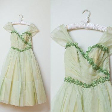 1950s Prom Dress / 50s Green Organza Party Dress 
